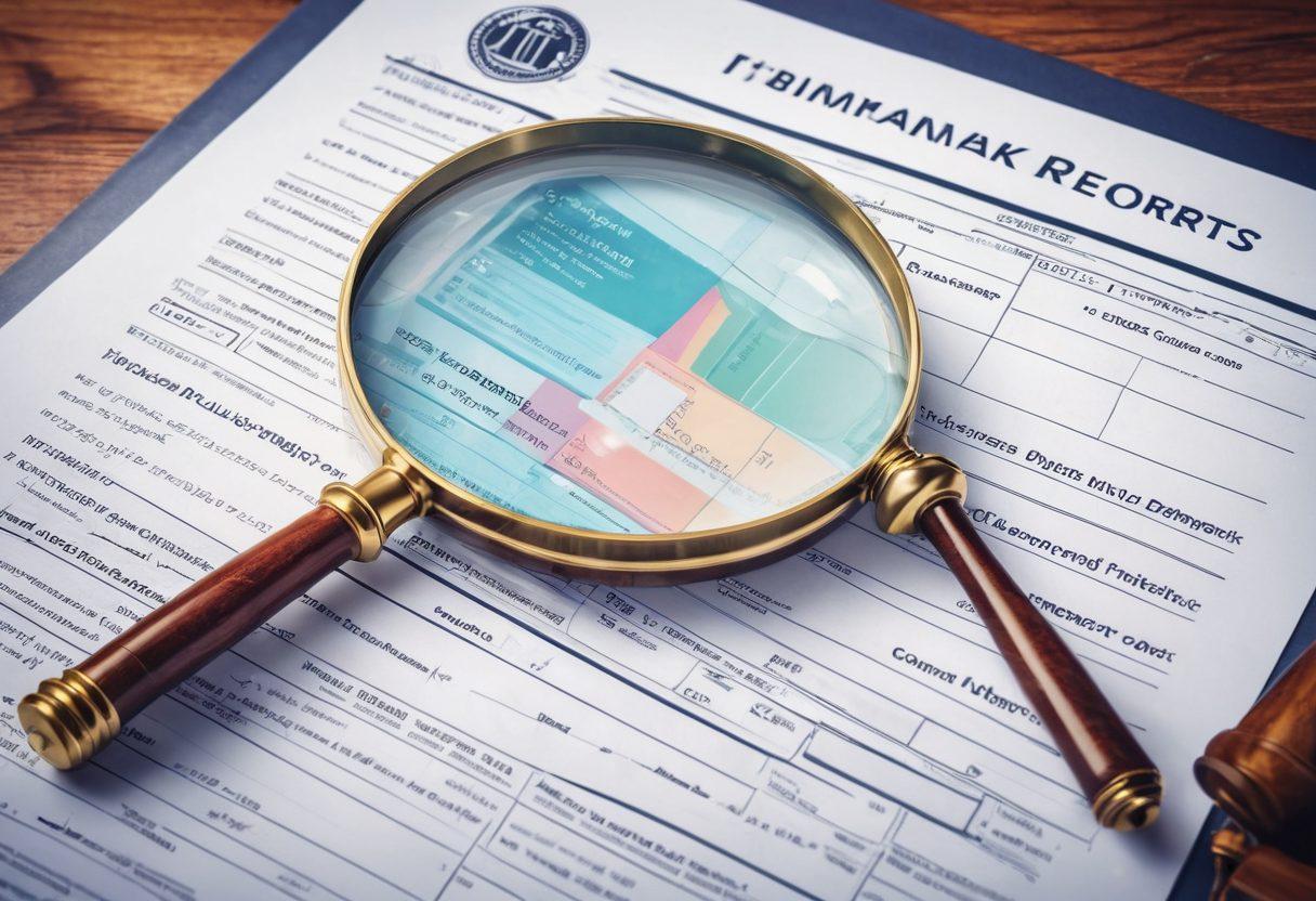 A magnifying glass focusing on a detailed background check report with various public records, including a criminal history, displayed on a desk. Icons of justice scales, fingerprint, and court gavel subtly present. Background features a blend of digital and traditional paper documents. vector art. vibrant colors.