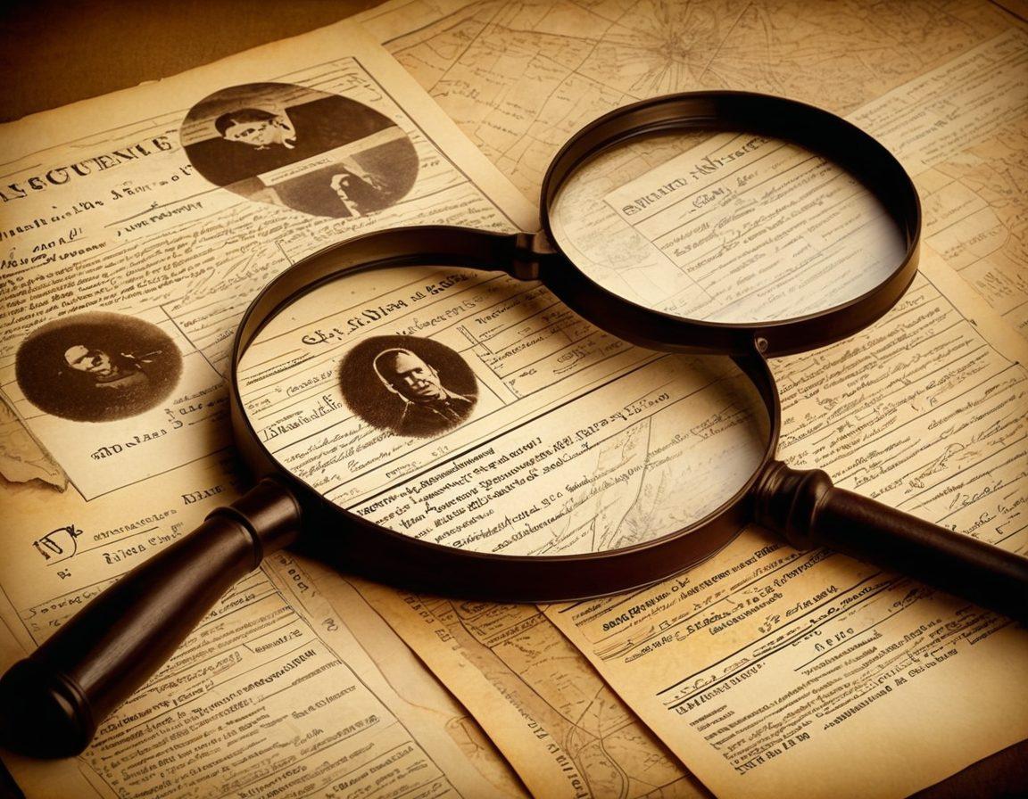 A magnifying glass hovering over a stack of old criminal record files, with mysterious fingerprints visible. Background includes faded sepia tones and a shadowy silhouette of a felon being tracked on a vintage map. Classic detective tools like a notepad and an old-school telephone are scattered around. Painting style. somber colors.